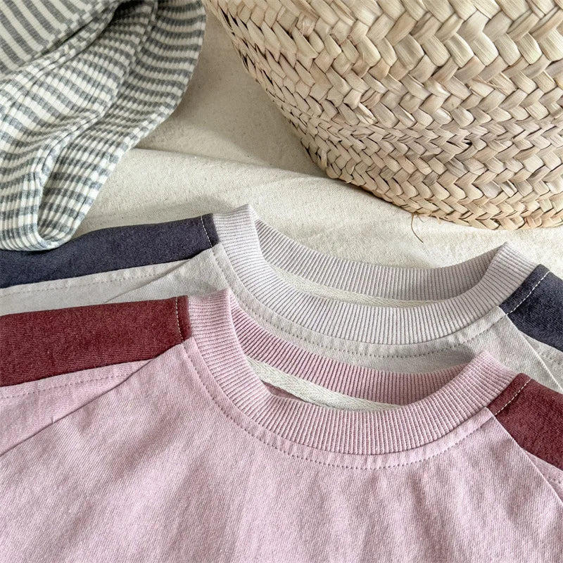 長袖Tシャツ キッズトップス 長袖Tシャツ パッチワーク ラグランスリーブ アプリコット/ピンク/2カラー