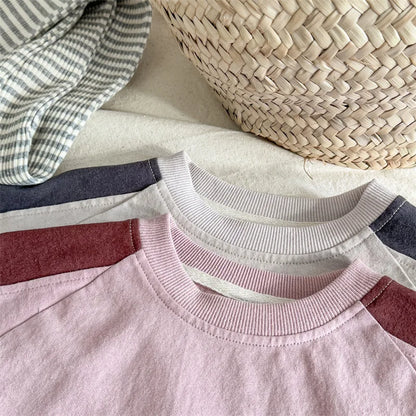 長袖Tシャツ キッズトップス 長袖Tシャツ パッチワーク ラグランスリーブ アプリコット/ピンク/2カラー