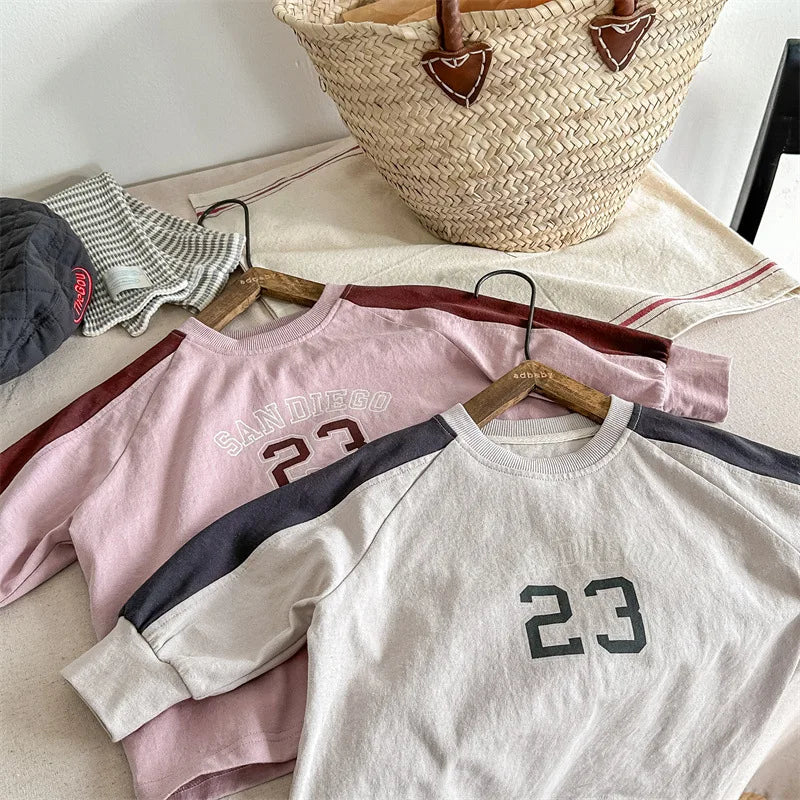 長袖Tシャツ キッズトップス 長袖Tシャツ パッチワーク ラグランスリーブ アプリコット/ピンク/2カラー