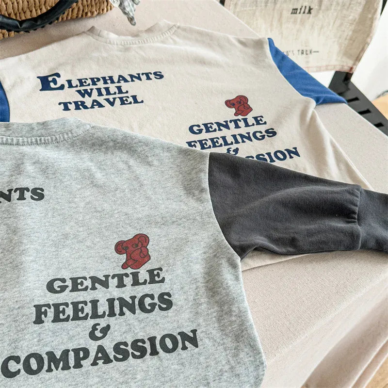 長袖Tシャツ キッズトップス 長袖Tシャツ パッチワーク 象エレファントプリント ベージュ/グレー/2カラー