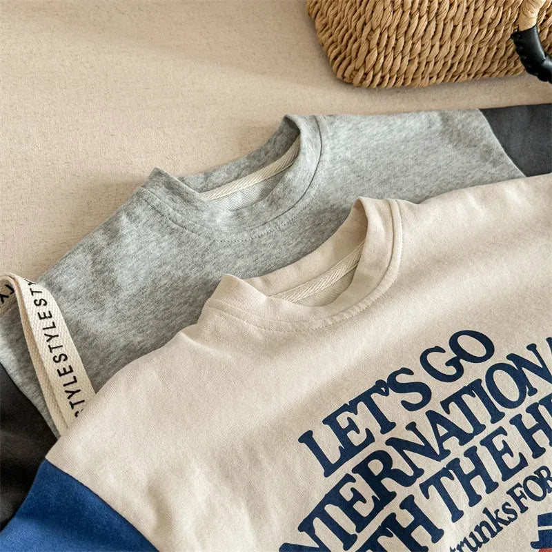 長袖Tシャツ キッズトップス 長袖Tシャツ パッチワーク 象エレファントプリント ベージュ/グレー/2カラー