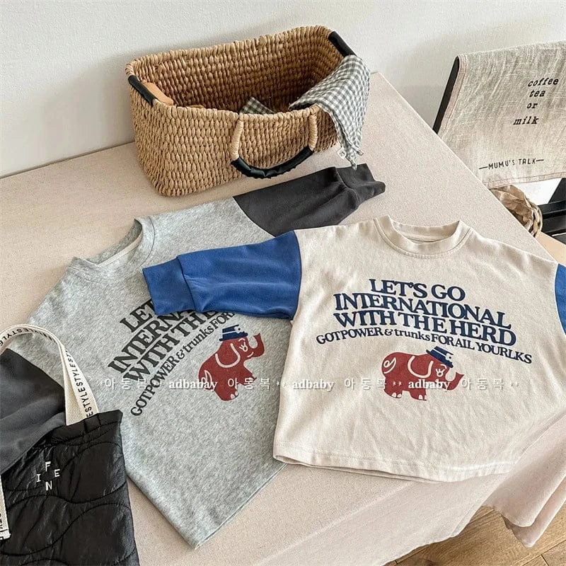 長袖Tシャツ キッズトップス 長袖Tシャツ パッチワーク 象エレファントプリント ベージュ/グレー/2カラー