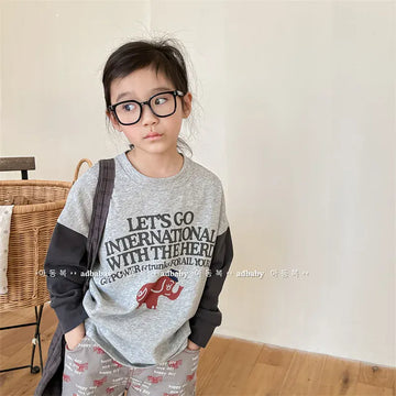 長袖Tシャツ キッズトップス 長袖Tシャツ パッチワーク 象エレファントプリント ベージュ/グレー/2カラー