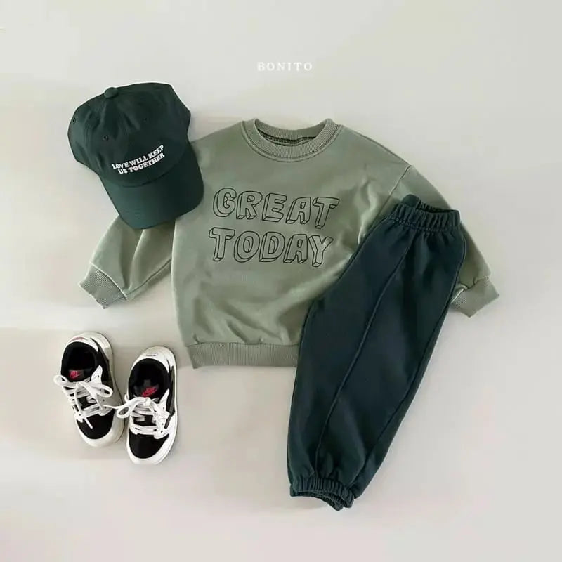 長袖Tシャツ キッズトップス レターロゴプリント 長袖スウェットシャツ Tシャツ グレー グリーン 2カラー