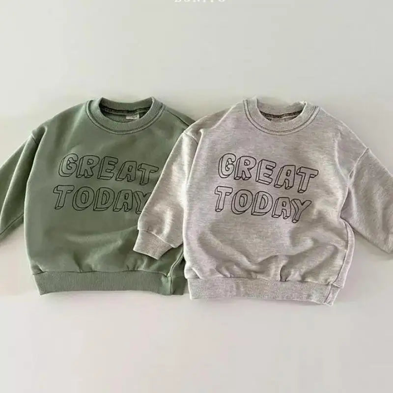 長袖Tシャツ キッズトップス レターロゴプリント 長袖スウェットシャツ Tシャツ グレー グリーン 2カラー