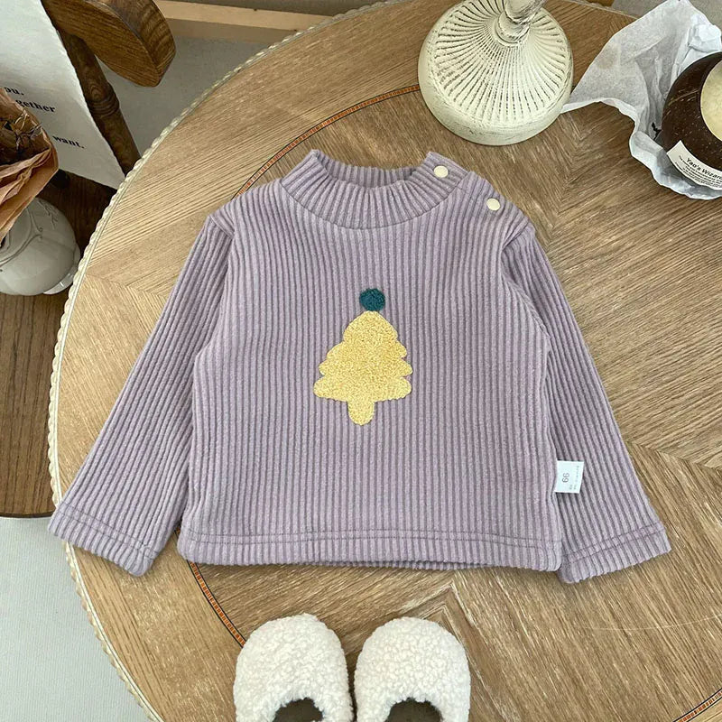 長袖Tシャツ ベビー長袖Tシャツ 裏フリースカットソー クリスマスツリー刺繍トップス 2カラー ユニセックス 男の子 女の子 子供服