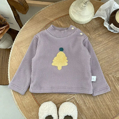 長袖Tシャツ ベビー長袖Tシャツ 裏フリースカットソー クリスマスツリー刺繍トップス 2カラー ユニセックス 男の子 女の子 子供服