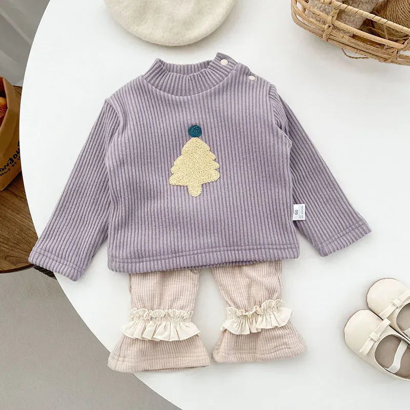 長袖Tシャツ ベビー長袖Tシャツ 裏フリースカットソー クリスマスツリー刺繍トップス 2カラー ユニセックス 男の子 女の子 子供服