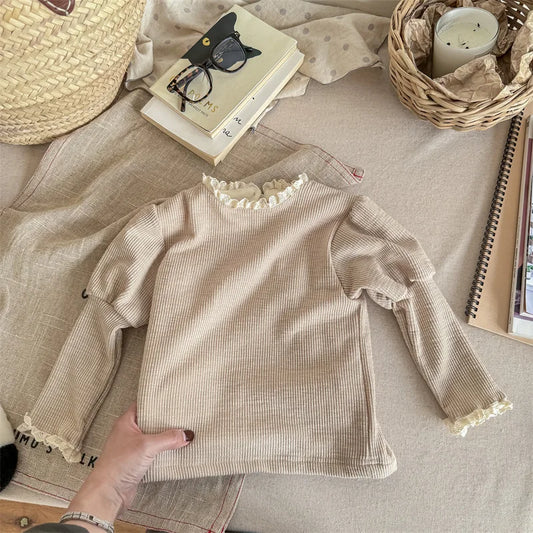 長袖Tシャツ キッズカットソー ニットTシャツ レースフリル 長袖パフスリーブ 裏フリース 2カラー ガールズ 女の子 子供服