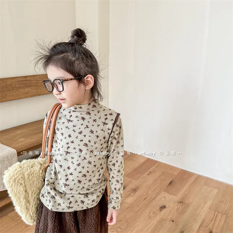 長袖Tシャツ キッズ長袖Tシャツ ハイネックカットソー フラワー 小花柄プリント 2カラー ガールズ 女の子 子供服