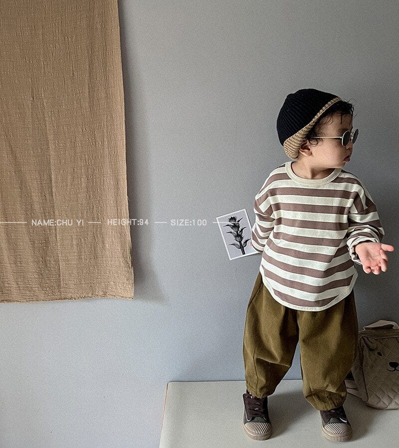 長袖Tシャツ キッズ 長袖Tシャツ ボーダーカットソー ルーズ トップス ブラック コーヒー 2カラー ボーイズ 男の子 子供服 6515C