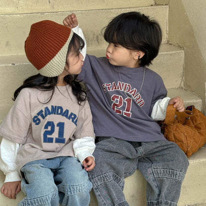 長袖Tシャツ キッズ レターロゴ プリント ドッキング フェイク 長袖 Tシャツ トップス 2カラー ユニセックス 6975
