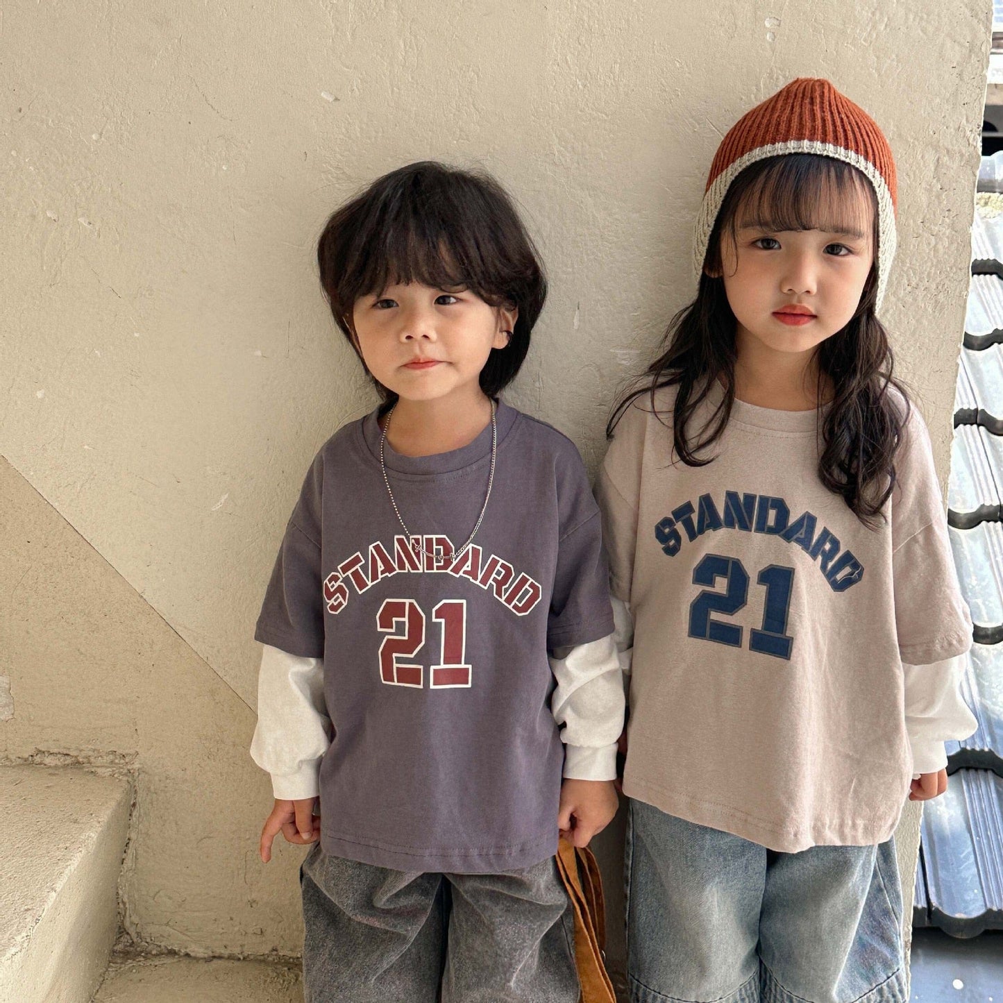 長袖Tシャツ キッズ レターロゴ プリント ドッキング フェイク 長袖 Tシャツ トップス 2カラー ユニセックス 6975