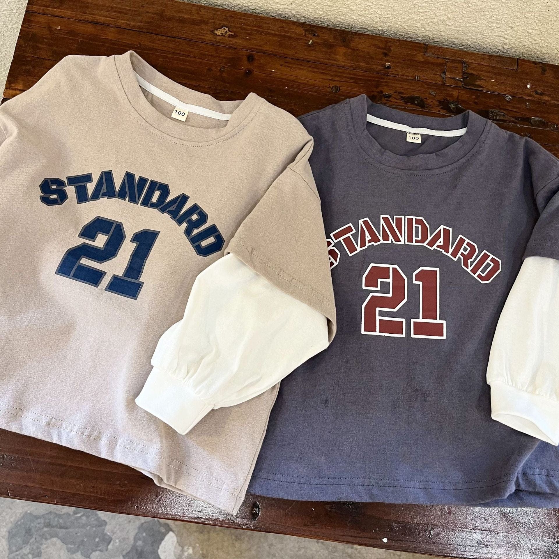 長袖Tシャツ キッズ レターロゴ プリント ドッキング フェイク 長袖 Tシャツ トップス 2カラー ユニセックス 6975