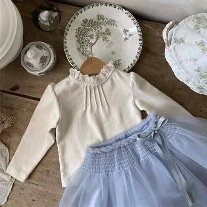 長袖Tシャツ ベビートップス 長袖Tシャツ ピンタックレース 長袖ブラウス ベージュ/パープル/2カラー【mh0003914】