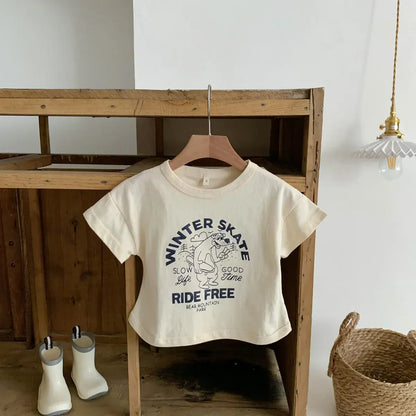 半袖Tシャツ キッズトップス 半袖プリントTシャツ ベアくまスケート 2カラー【mh0005187】