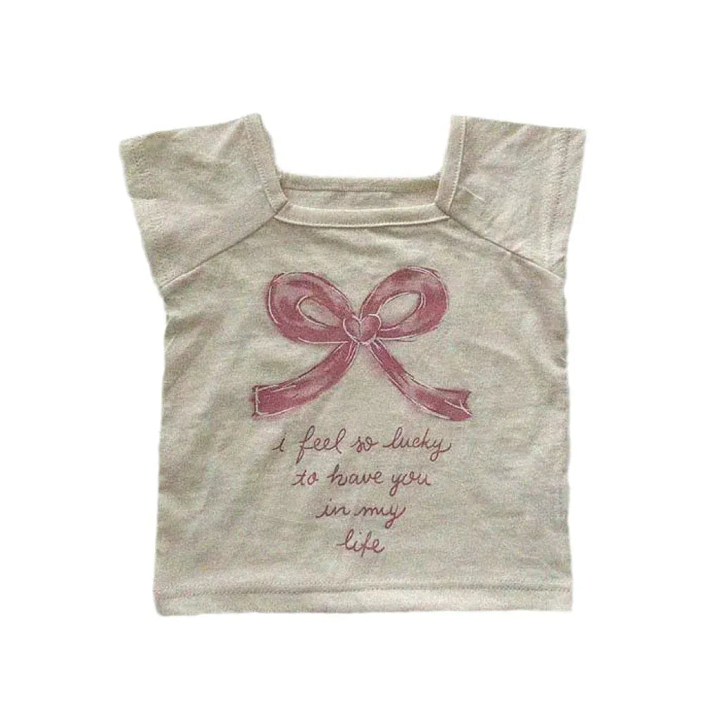 半袖Tシャツ ベビートップス ショートスリーブTシャツ リボンレターロゴプリント 2カラー【mh0005290】