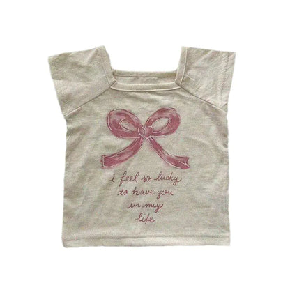 半袖Tシャツ ベビートップス ショートスリーブTシャツ リボンレターロゴプリント 2カラー【mh0005290】