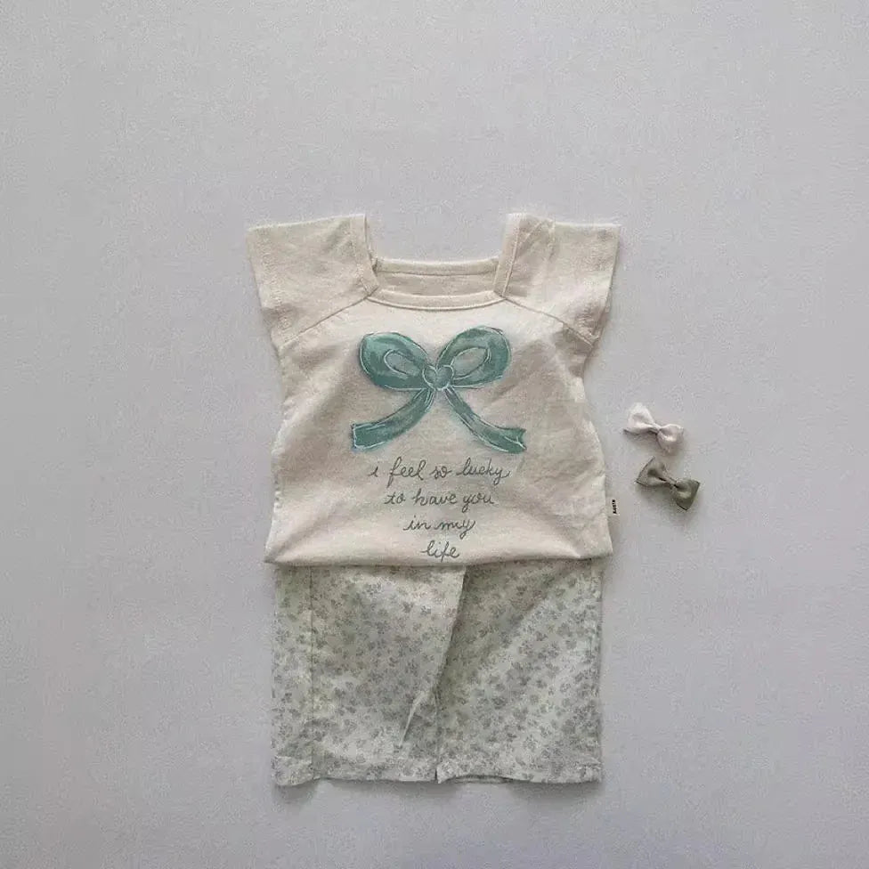 半袖Tシャツ ベビートップス ショートスリーブTシャツ リボンレターロゴプリント 2カラー【mh0005290】