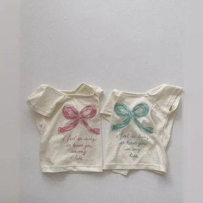 半袖Tシャツ ベビートップス ショートスリーブTシャツ リボンレターロゴプリント 2カラー【mh0005290】