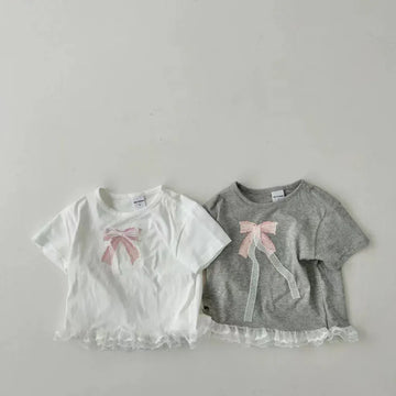 半袖Tシャツ ベビーキッズトップス 裾レースフリル半袖Tシャツ リボンプリント 2カラー【mh0005349】