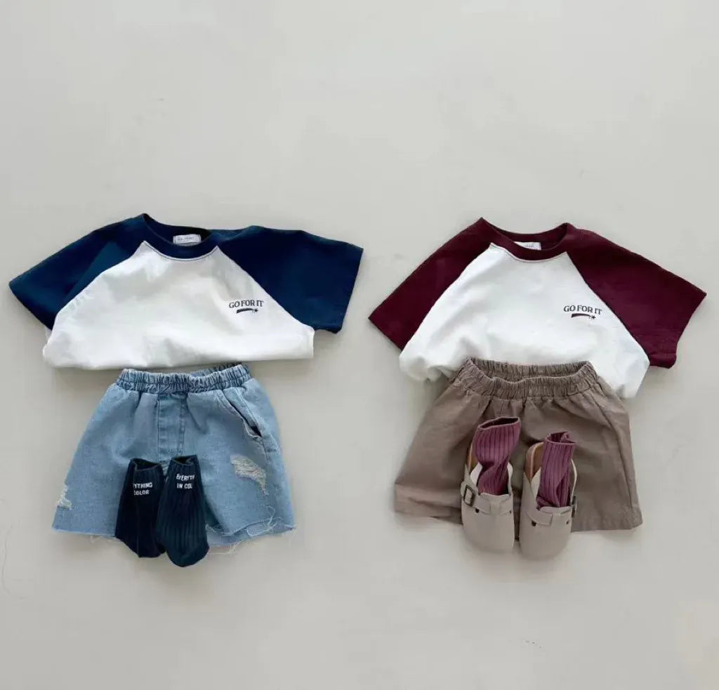 半袖Tシャツ ベビートップス 半袖パッチワークTシャツ ラグラン レターロゴプリント 2カラー【mh0005470】