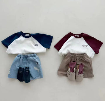 半袖Tシャツ ベビートップス 半袖パッチワークTシャツ ラグラン レターロゴプリント 2カラー【mh0005470】
