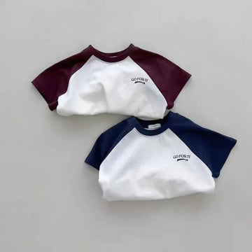半袖Tシャツ ベビートップス 半袖パッチワークTシャツ ラグラン レターロゴプリント 2カラー【mh0005470】