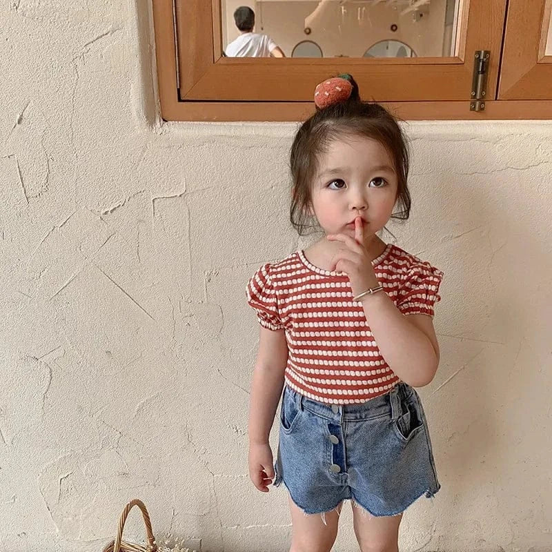 半袖Tシャツ キッズトップス 半袖パフスリーブTシャツ バックリボン ボーダー 2カラー【mh0005733】