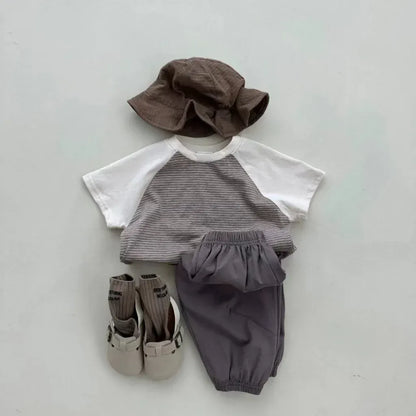 半袖Tシャツ ベビートップス 半袖Tシャツ パッチワーク ボーダー ラグランスリーブ 2カラー【mh0006313】