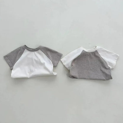 半袖Tシャツ ベビートップス 半袖Tシャツ パッチワーク ボーダー ラグランスリーブ 2カラー【mh0006313】