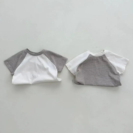 半袖Tシャツ ベビートップス 半袖Tシャツ パッチワーク ボーダー ラグランスリーブ 2カラー【mh0006313】