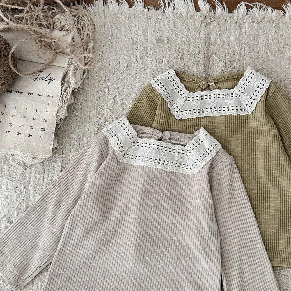 長袖Tシャツ ベビートップス レーススクエアネック長袖Tシャツカットソー 2カラー【mh0006700】