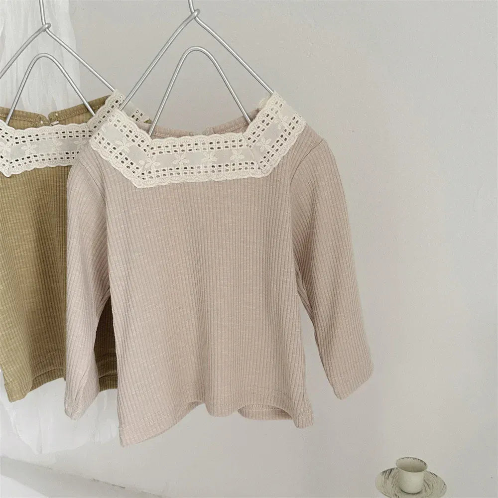 長袖Tシャツ ベビートップス レーススクエアネック長袖Tシャツカットソー 2カラー【mh0006700】