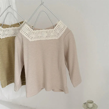 長袖Tシャツ ベビートップス レーススクエアネック長袖Tシャツカットソー 2カラー【mh0006700】