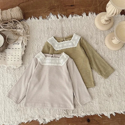 長袖Tシャツ ベビートップス レーススクエアネック長袖Tシャツカットソー 2カラー【mh0006700】