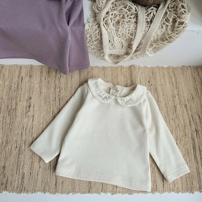 長袖Tシャツ ベビートップス フラワー刺繍丸襟長袖Tシャツブラウス 2カラー【mh0006702】