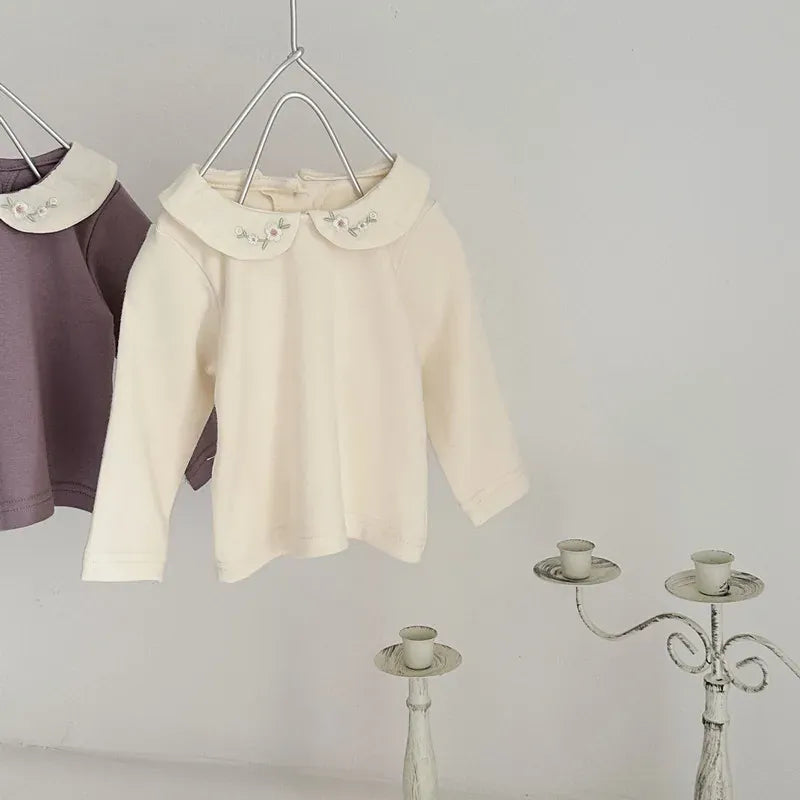 長袖Tシャツ ベビートップス フラワー刺繍丸襟長袖Tシャツブラウス 2カラー【mh0006702】