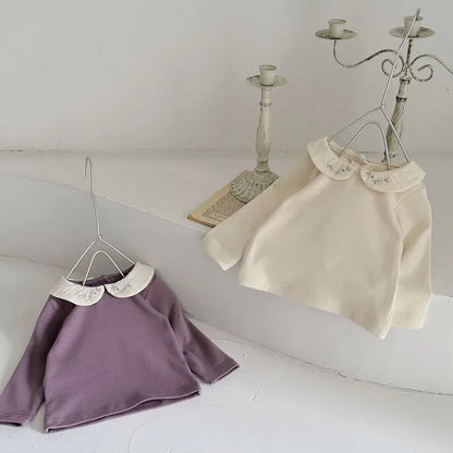 長袖Tシャツ ベビートップス フラワー刺繍丸襟長袖Tシャツブラウス 2カラー【mh0006702】