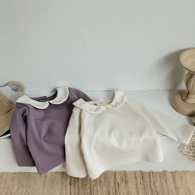 長袖Tシャツ ベビートップス フラワー刺繍丸襟長袖Tシャツブラウス 2カラー【mh0006702】