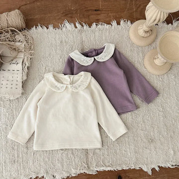 長袖Tシャツ ベビートップス フラワー刺繍丸襟長袖Tシャツブラウス 2カラー【mh0006702】