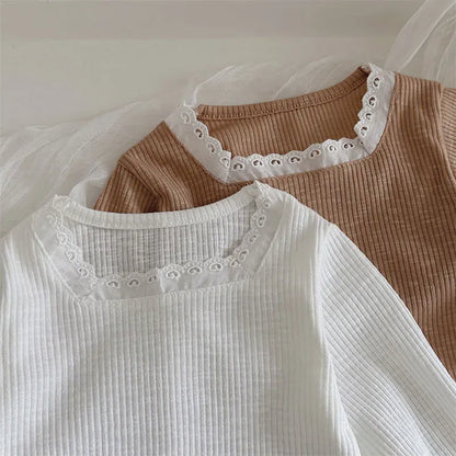 長袖Tシャツ ベビートップス レーススクエアネック長袖Tシャツカットソー 2カラー【mh0006948】