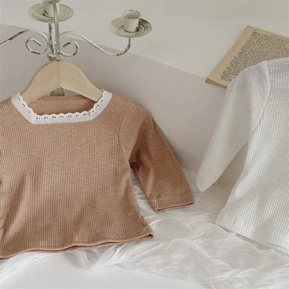 長袖Tシャツ ベビートップス レーススクエアネック長袖Tシャツカットソー 2カラー【mh0006948】