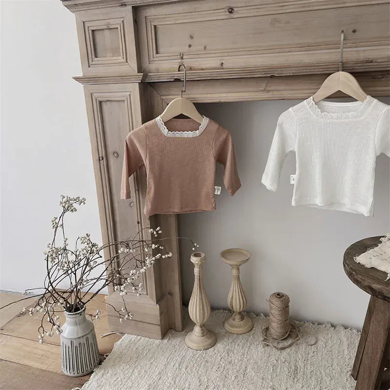 長袖Tシャツ ベビートップス レーススクエアネック長袖Tシャツカットソー 2カラー【mh0006948】