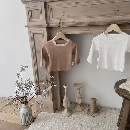 長袖Tシャツ ベビートップス レーススクエアネック長袖Tシャツカットソー 2カラー【mh0006948】