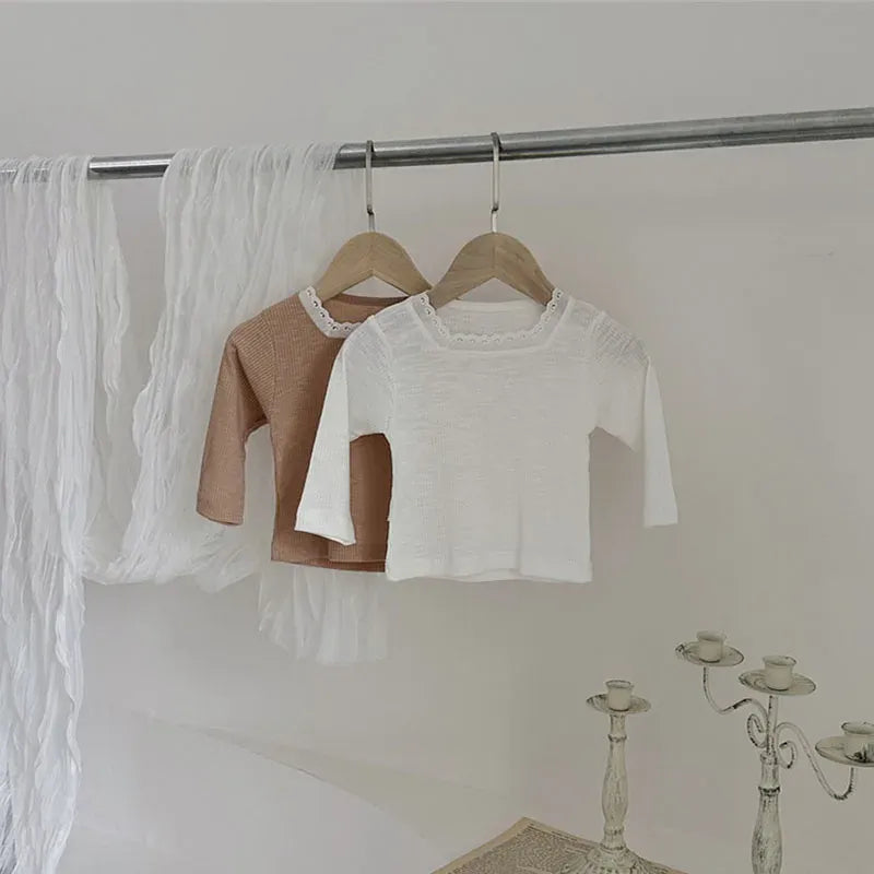 長袖Tシャツ ベビートップス レーススクエアネック長袖Tシャツカットソー 2カラー【mh0006948】