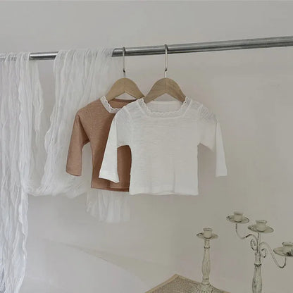 長袖Tシャツ ベビートップス レーススクエアネック長袖Tシャツカットソー 2カラー【mh0006948】