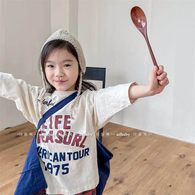 長袖Tシャツ キッズトップス レターロゴプリント切り替え長袖Tシャツ 3カラー