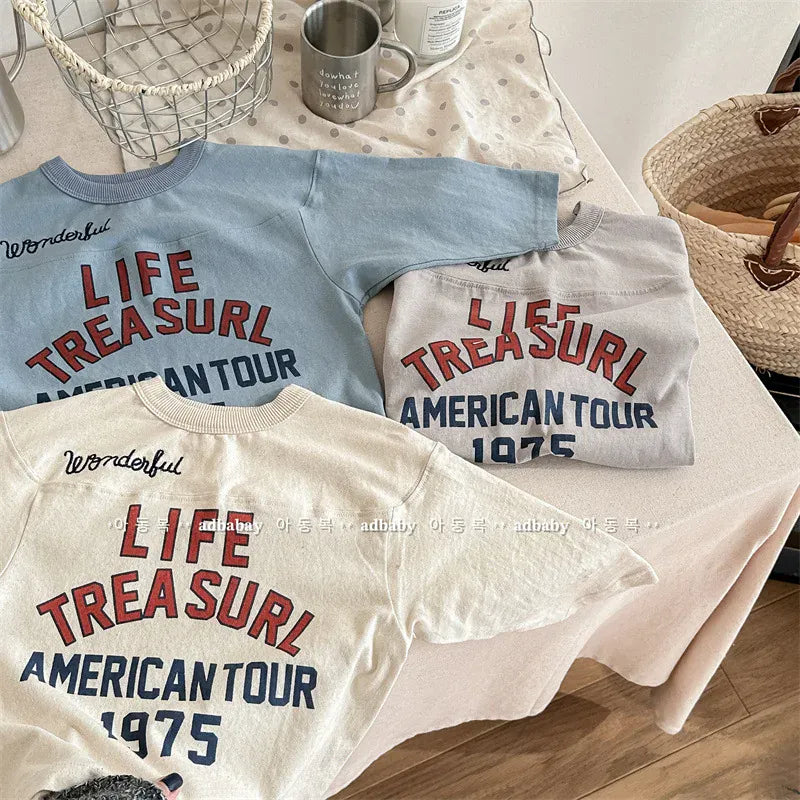 長袖Tシャツ キッズトップス レターロゴプリント切り替え長袖Tシャツ 3カラー