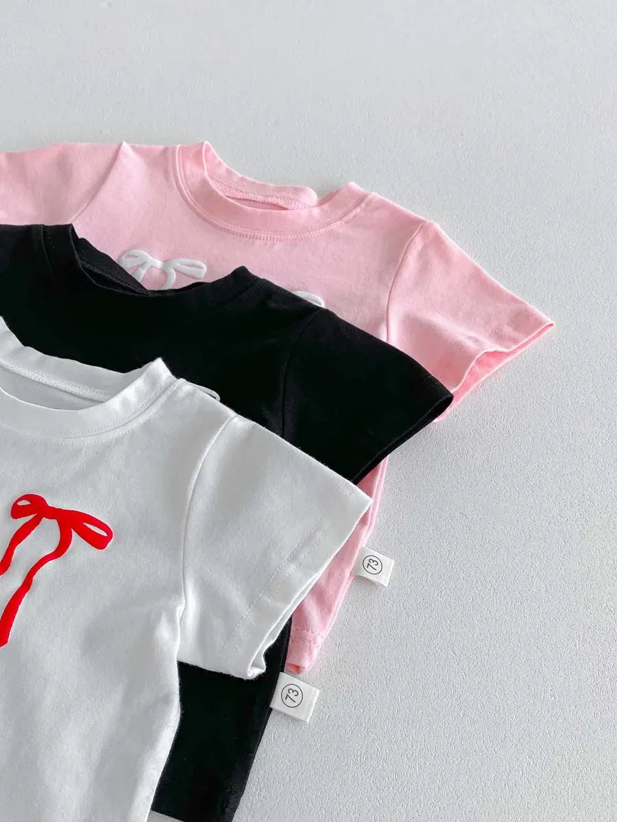 半袖Tシャツ キッズトップス 半袖Tシャツ ダブルリボンプリント 3カラー